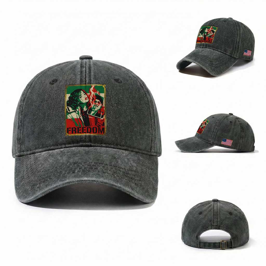 Free Iran Protest Washed Cotton Baseball Cap Support Women Life Freedom Statement TS11 Washed Cap Universal Fit Dark Green Print Your Wear