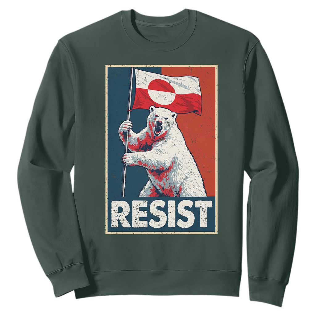 Resist Greenland Polar Bear Holding Flag Art Sweatshirt Resistance Political TS11 Dark Forest Green Print Your Wear