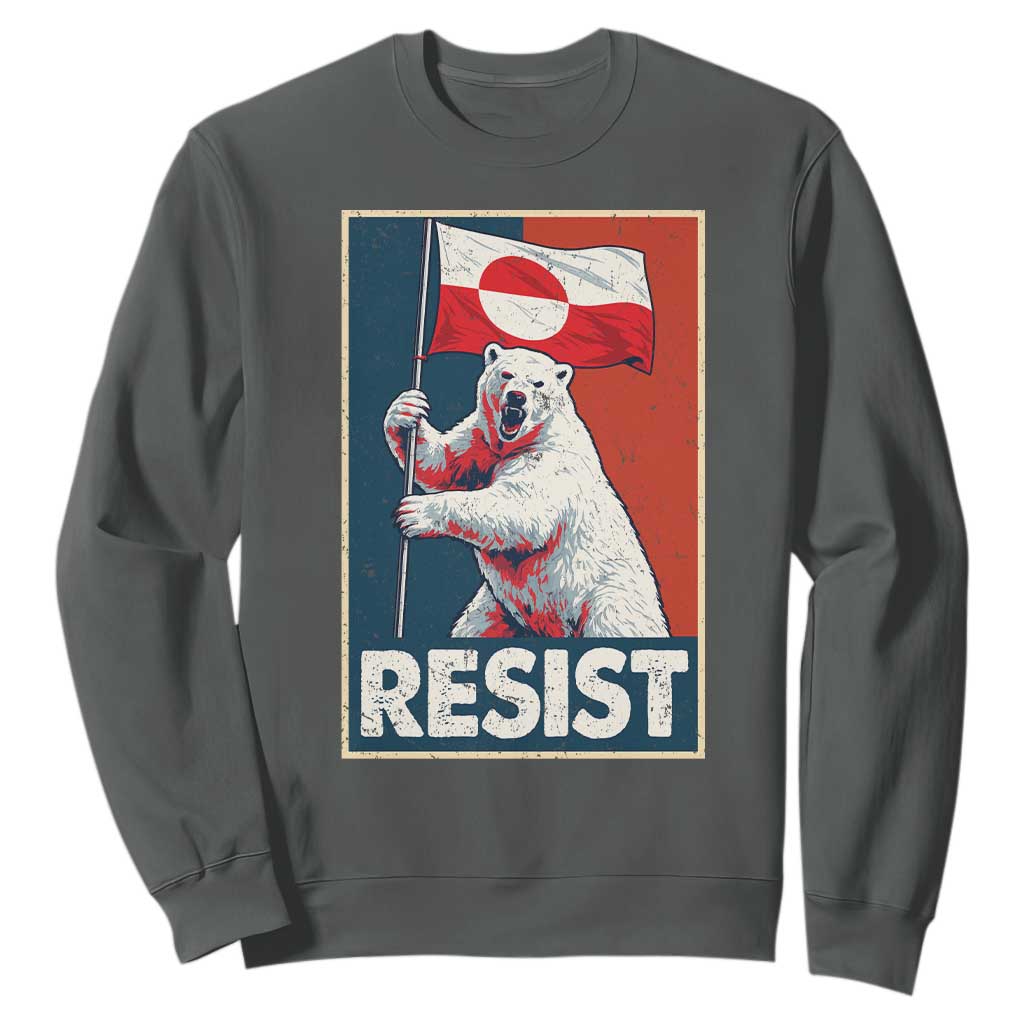 Resist Greenland Polar Bear Holding Flag Art Sweatshirt Resistance Political TS11 Dark Heather Print Your Wear