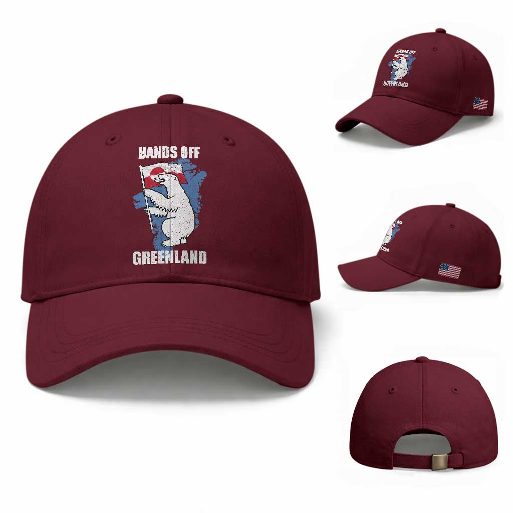 Hands Off Greenland Protest Baseball Cap Support Greenland Bear Holding Flag TS11 Baseball Cap Universal Fit Maroon Print Your Wear