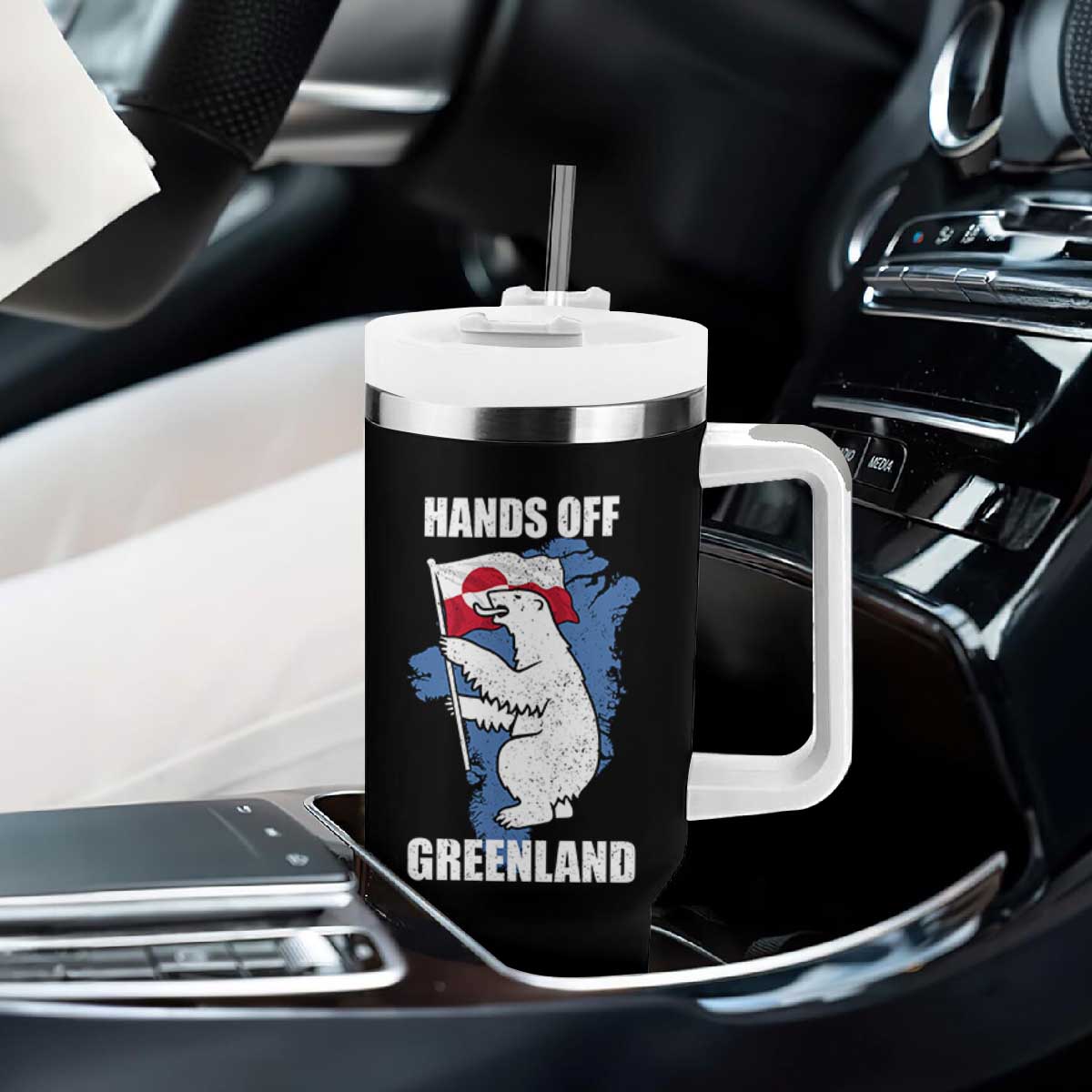 Hands Off Greenland Protest Tumbler With Handle Support Greenland Bear Holding Flag TS11 Print Your Wear