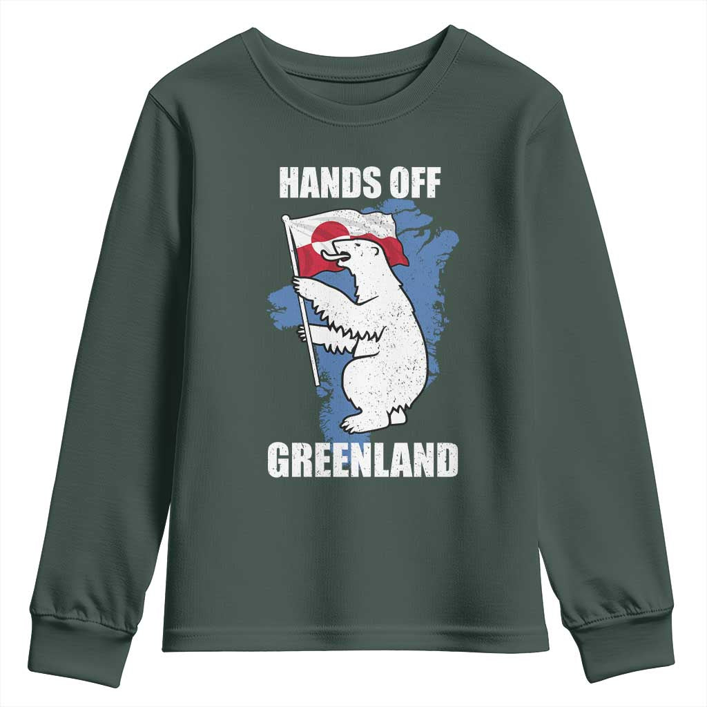 Hands Off Greenland Protest Youth Sweatshirt Support Greenland Bear Holding Flag TS11 Dark Forest Green Print Your Wear