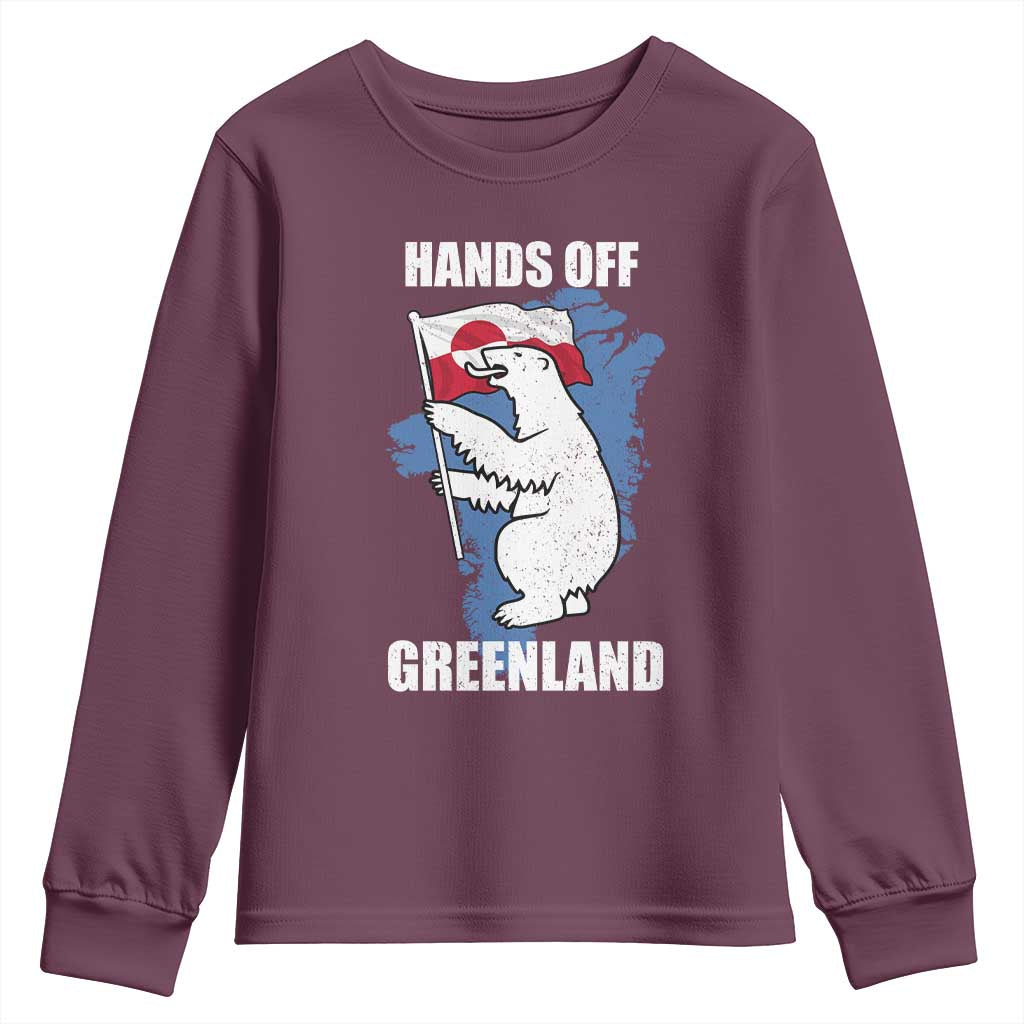 Hands Off Greenland Protest Youth Sweatshirt Support Greenland Bear Holding Flag TS11 Maroon Print Your Wear