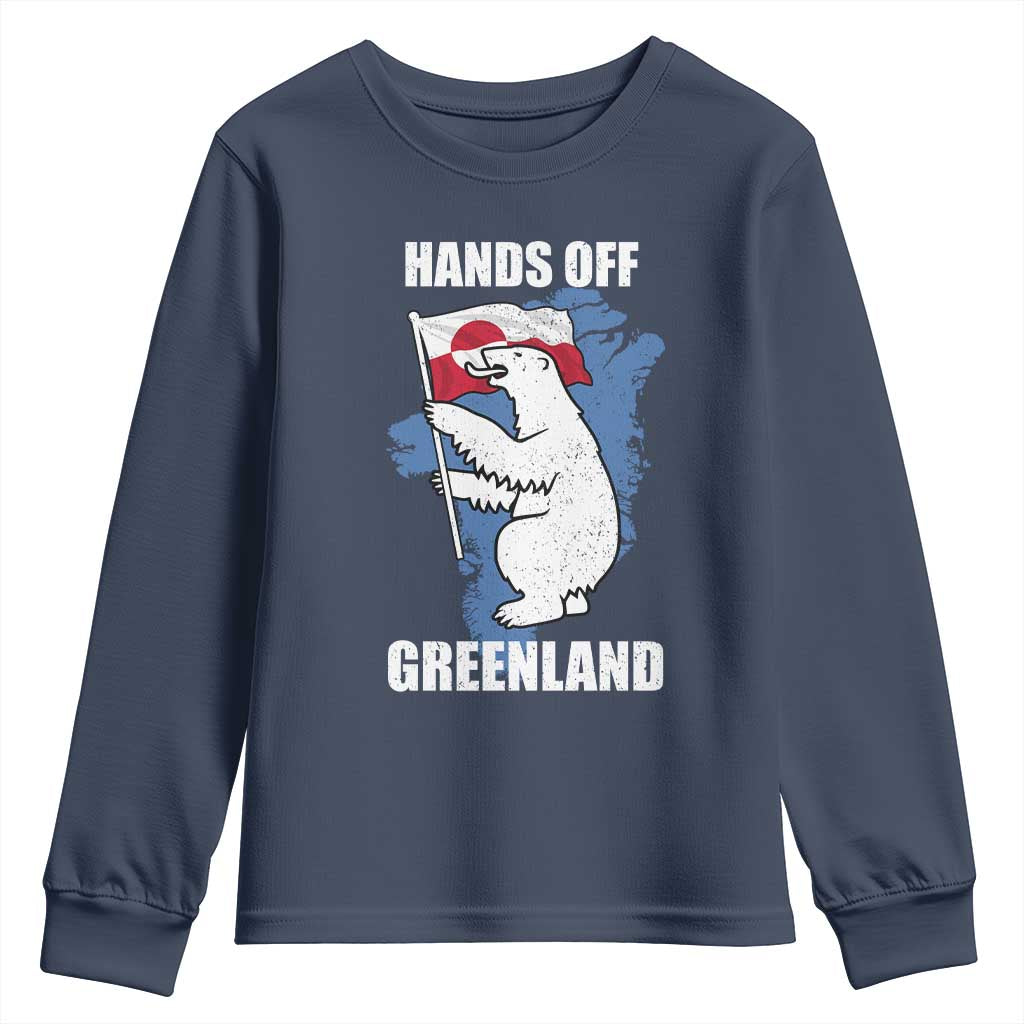 Hands Off Greenland Protest Youth Sweatshirt Support Greenland Bear Holding Flag TS11 Navy Print Your Wear