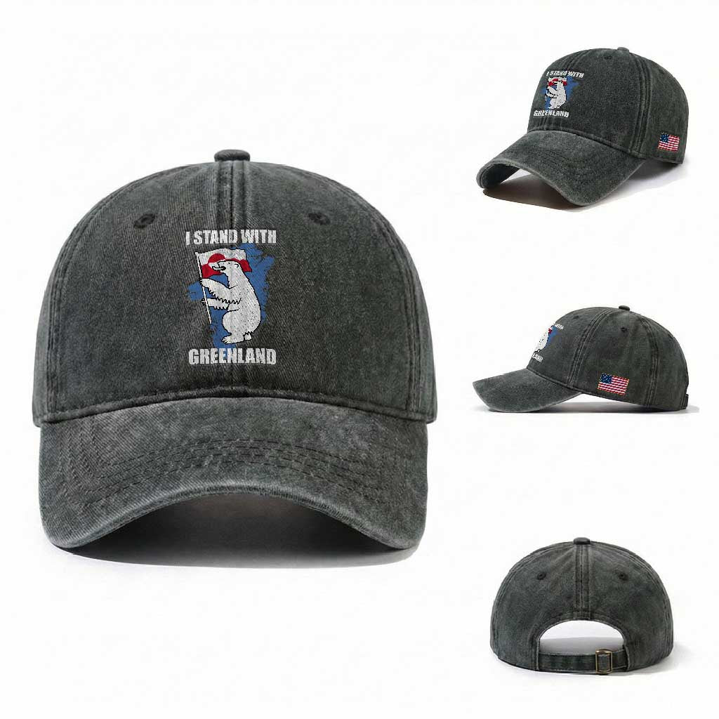 I Stand With Greenland Washed Cotton Baseball Cap Polar Bear Greenland Protest TS11 Washed Cap Universal Fit Dark Green Print Your Wear
