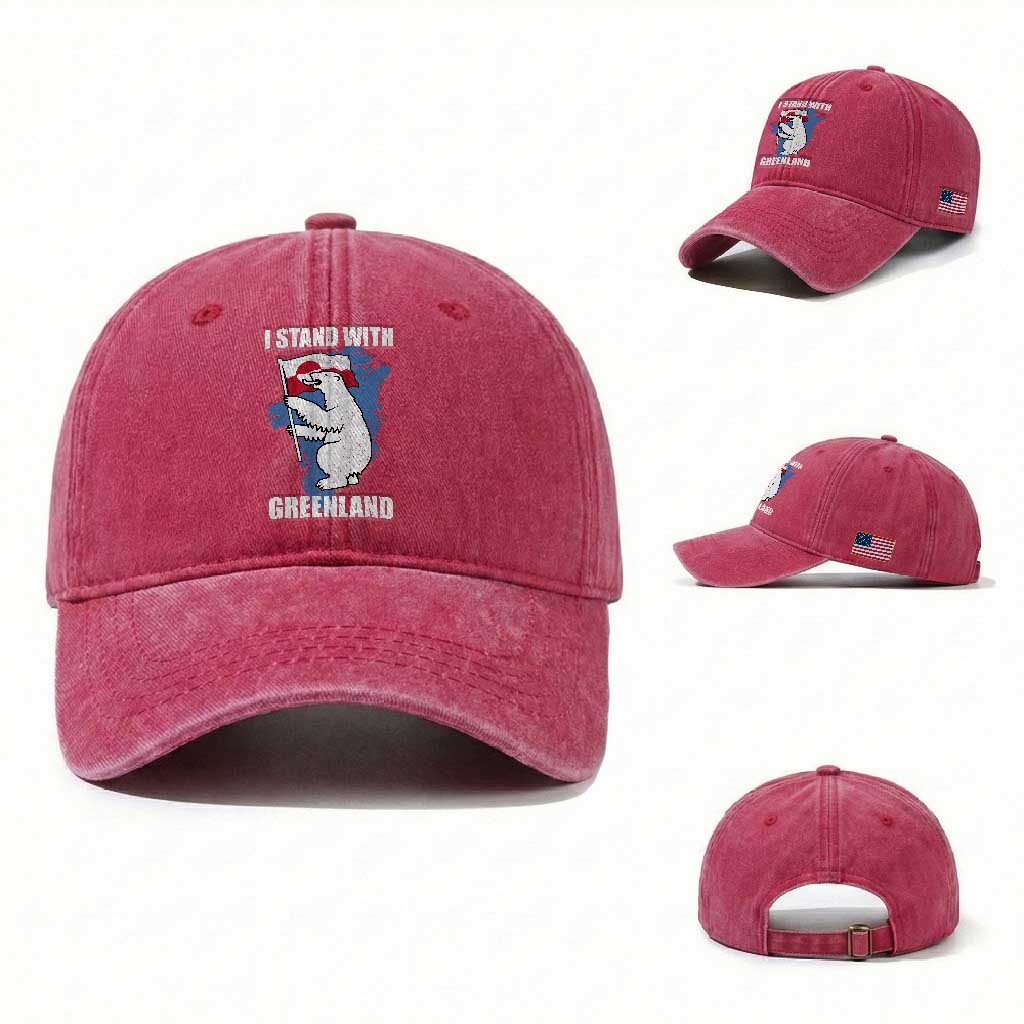 I Stand With Greenland Washed Cotton Baseball Cap Polar Bear Greenland Protest TS11 Washed Cap Universal Fit Red Print Your Wear