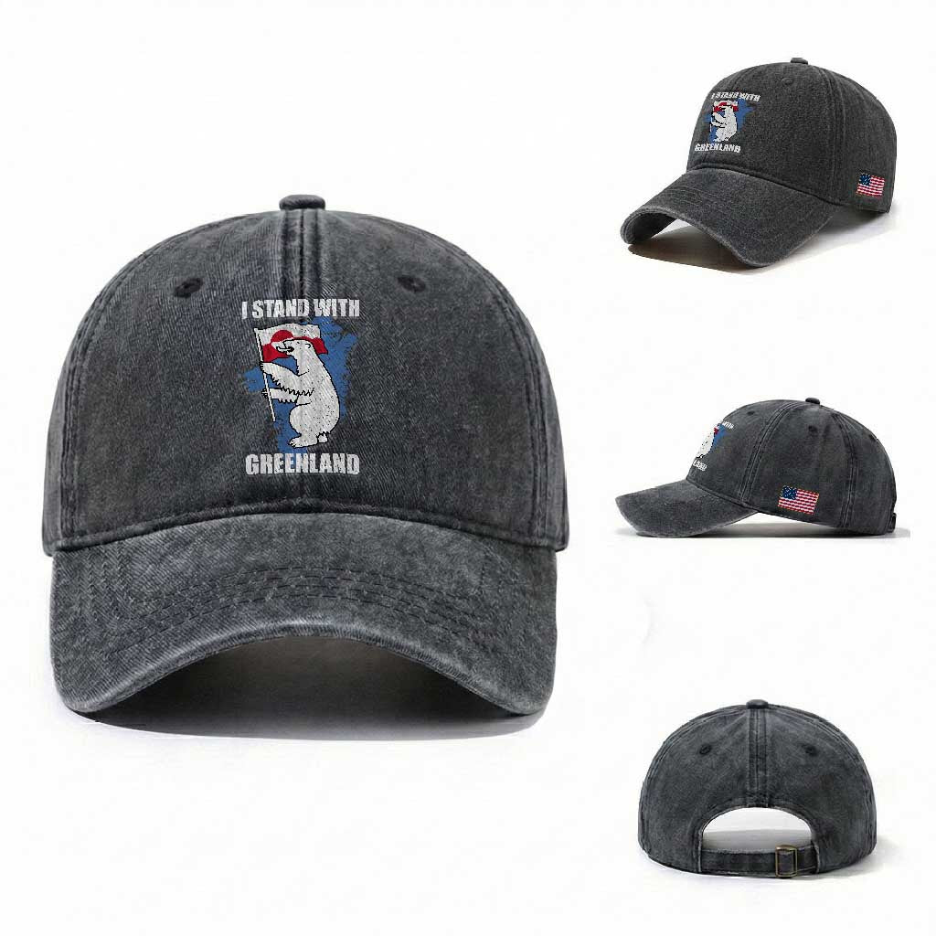 I Stand With Greenland Washed Cotton Baseball Cap Polar Bear Greenland Protest TS11 Washed Cap Universal Fit Dark Gray Print Your Wear