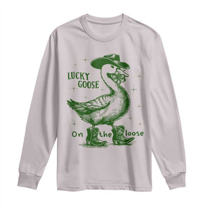 Funny St Patrick's Day Lucky Goose On The Loose Long Sleeve Shirt Cowboy Goose Shamrock TS11 Ice Gray Print Your Wear