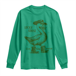 Funny St Patrick's Day Lucky Goose On The Loose Long Sleeve Shirt Cowboy Goose Shamrock TS11 Irish Green Print Your Wear