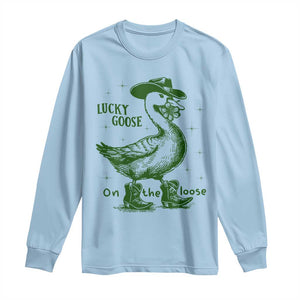 Funny St Patrick's Day Lucky Goose On The Loose Long Sleeve Shirt Cowboy Goose Shamrock TS11 Light Blue Print Your Wear