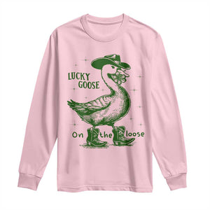 Funny St Patrick's Day Lucky Goose On The Loose Long Sleeve Shirt Cowboy Goose Shamrock TS11 Light Pink Print Your Wear