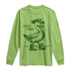 Funny St Patrick's Day Lucky Goose On The Loose Long Sleeve Shirt Cowboy Goose Shamrock TS11 Lime Print Your Wear