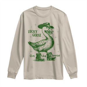 Funny St Patrick's Day Lucky Goose On The Loose Long Sleeve Shirt Cowboy Goose Shamrock TS11 Sand Print Your Wear