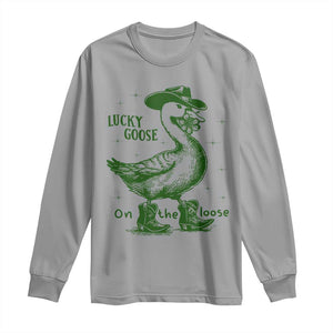 Funny St Patrick's Day Lucky Goose On The Loose Long Sleeve Shirt Cowboy Goose Shamrock TS11 Sport Gray Print Your Wear