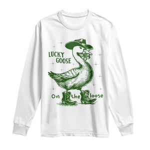 Funny St Patrick's Day Lucky Goose On The Loose Long Sleeve Shirt Cowboy Goose Shamrock TS11 White Print Your Wear