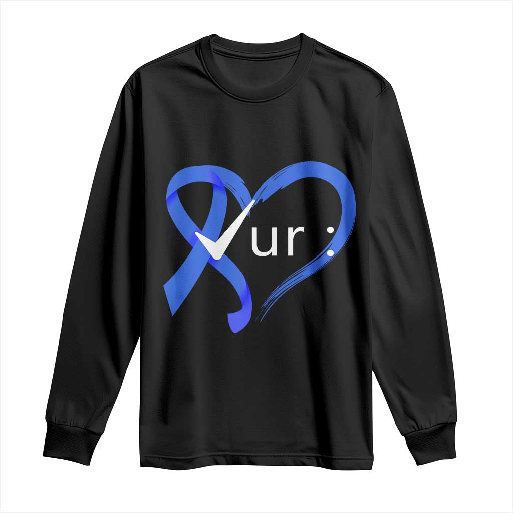 Funny Check Your Colon Colorectal Cancer Awareness Long Sleeve Shirt Dark Blue Ribbon Heart TS11 Black Print Your Wear