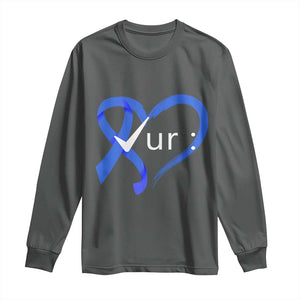 Funny Check Your Colon Colorectal Cancer Awareness Long Sleeve Shirt Dark Blue Ribbon Heart TS11 Dark Heather Print Your Wear