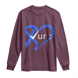 Funny Check Your Colon Colorectal Cancer Awareness Long Sleeve Shirt Dark Blue Ribbon Heart TS11 Maroon Print Your Wear