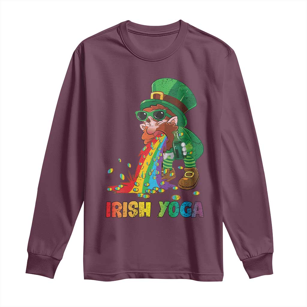 Funny Irish Yoga St Patrick's Day Beer Drinking Long Sleeve Shirt Drunk Leprechaun TS11 Maroon Print Your Wear