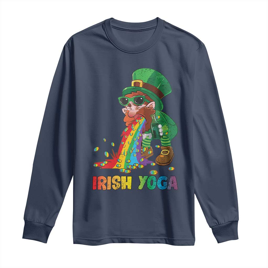 Funny Irish Yoga St Patrick's Day Beer Drinking Long Sleeve Shirt Drunk Leprechaun TS11 Navy Print Your Wear