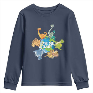 Earth Day Save Our Planet Youth Sweatshirt Cute Dinosaurs Around World TS11 Navy Print Your Wear
