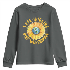 Earth Day Tree Hugging Dirt Worshipper Youth Sweatshirt Earth Sunflower TS11 Dark Heather Print Your Wear