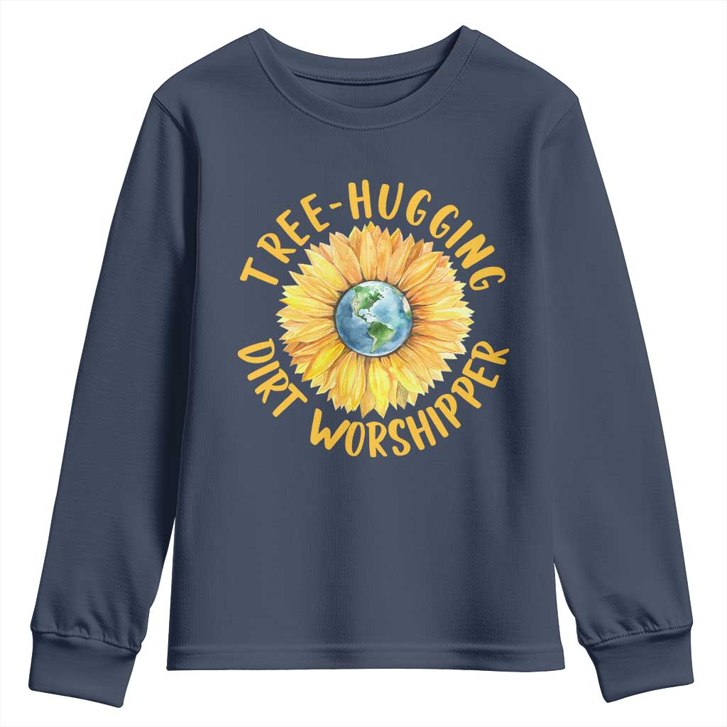 Earth Day Tree Hugging Dirt Worshipper Youth Sweatshirt Earth Sunflower TS11 Navy Print Your Wear