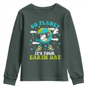 Funny Go Planet It's Your Earth Day Youth Sweatshirt Dabbing Earth Flower TS11 Dark Forest Green Print Your Wear