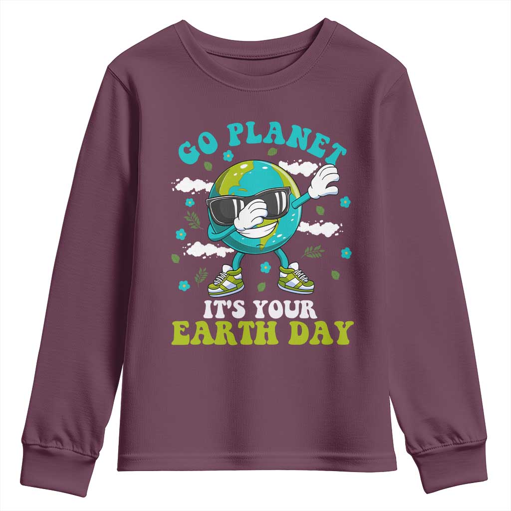 Funny Go Planet It's Your Earth Day Youth Sweatshirt Dabbing Earth Flower TS11 Maroon Print Your Wear