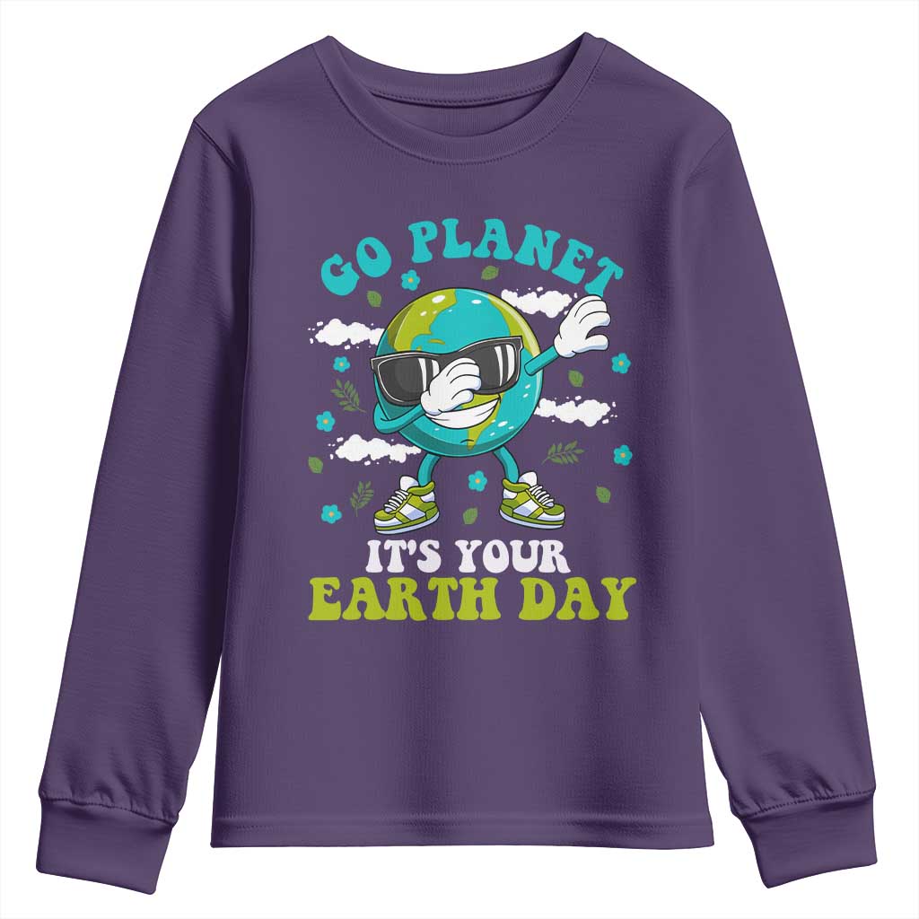 Funny Go Planet It's Your Earth Day Youth Sweatshirt Dabbing Earth Flower TS11 Purple Print Your Wear