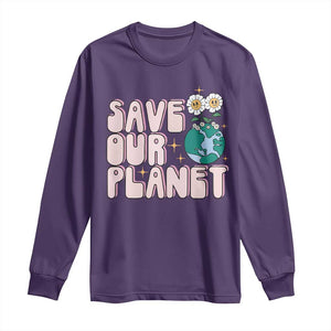 Earth Day Save Our Planet Long Sleeve Shirt Cute Retro Groove Flower TS11 Purple Print Your Wear