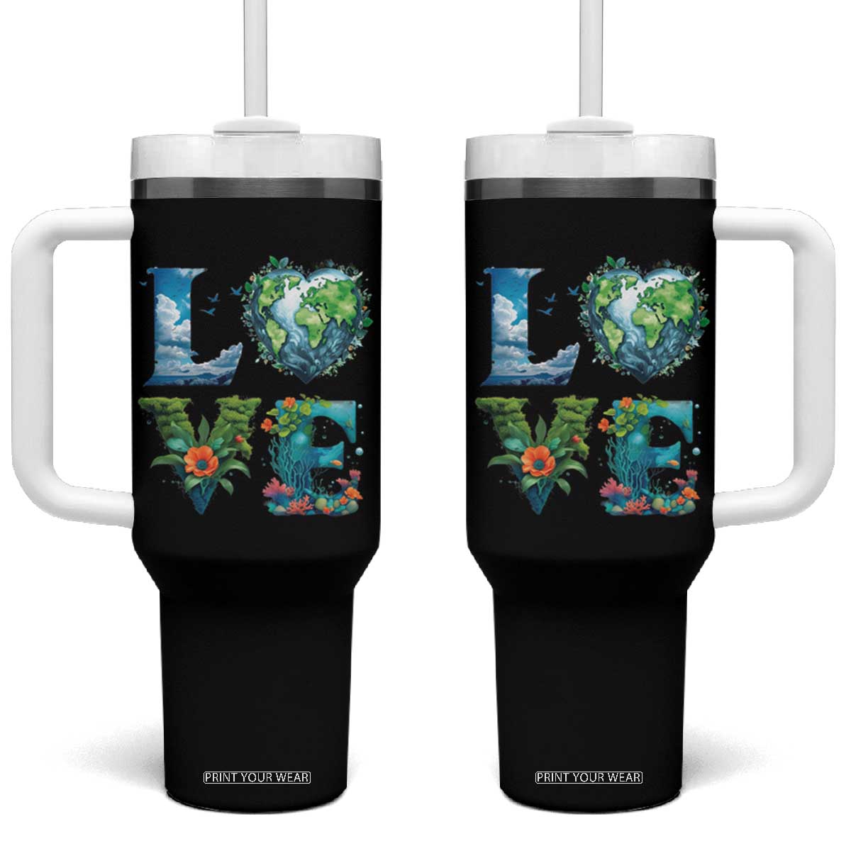 LOVE Planet Nature Anniversary Earth Day Tumbler With Handle TS11 One Size: 40 oz Black Print Your Wear