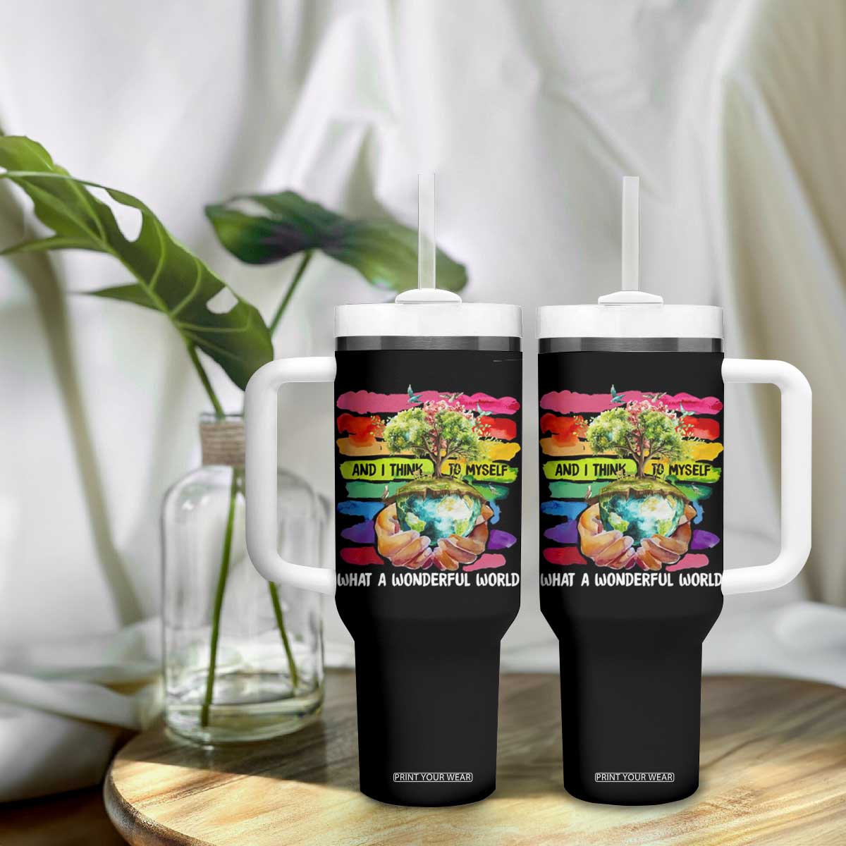 And I Think To Myself What A Wonderful World Earth Day Tumbler With Handle TS11 Print Your Wear