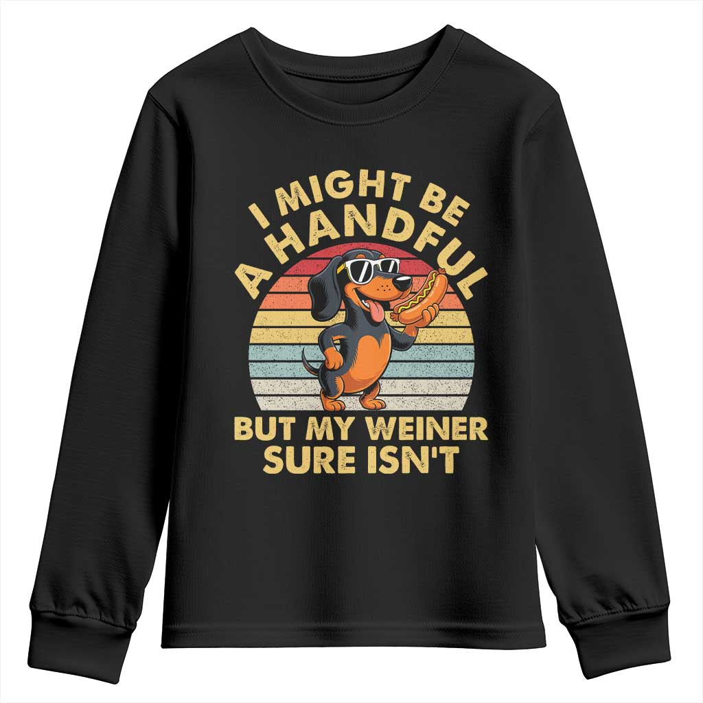 I Might Be A Handful But My Weiner Sure Isnt Youth Sweatshirt Funny Dachshund Dog Adult Humor