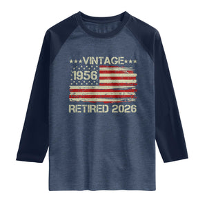 70th Birthday Retirement Raglan Shirt Vintage 1956 Retired 2026 American Flag TS11 Heather Denim Navy Print Your Wear