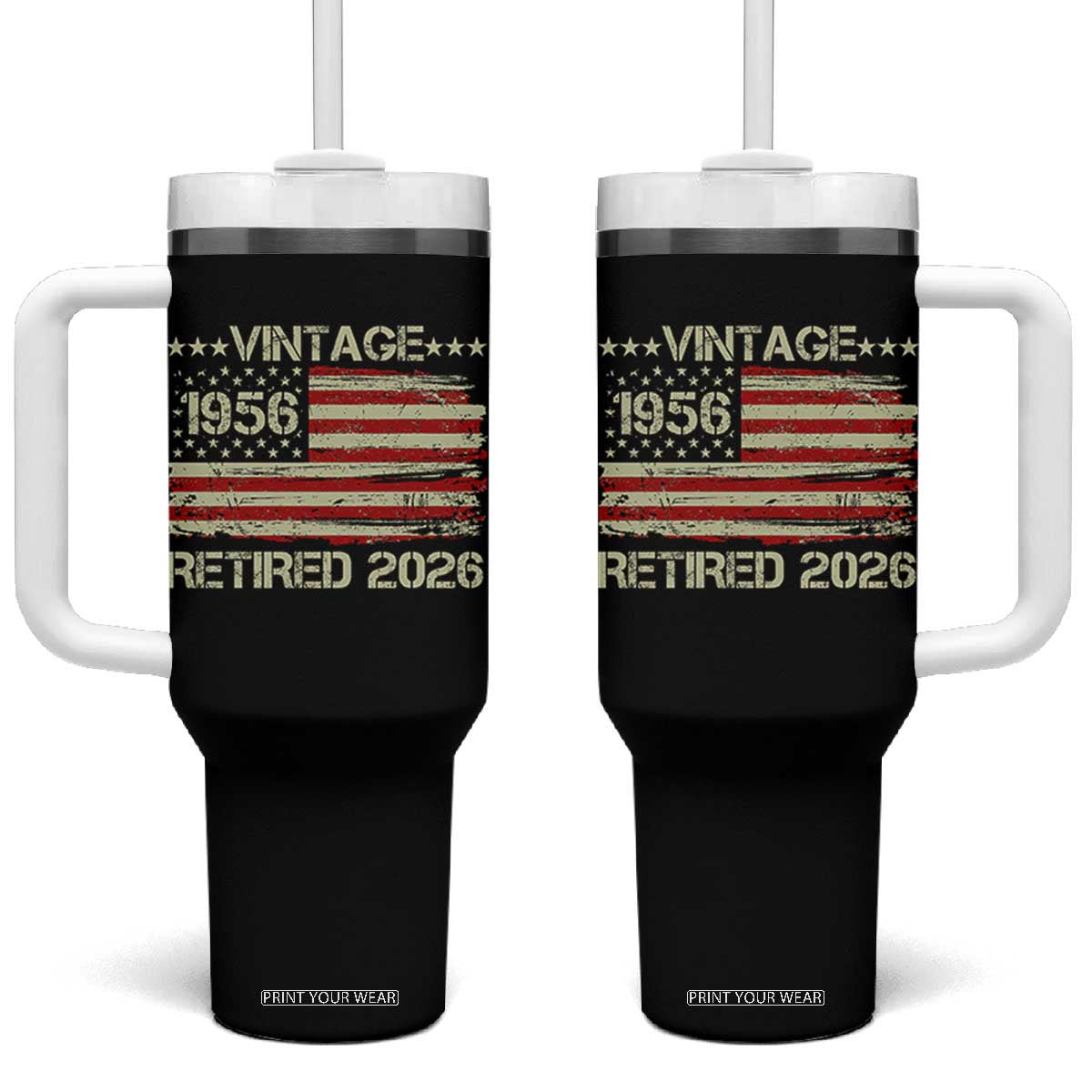 70th Birthday Retirement Tumbler With Handle Vintage 1956 Retired 2026 American Flag TS11 One Size: 40 oz Black Print Your Wear