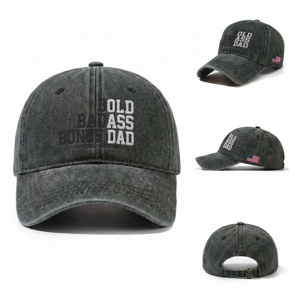 Bold Badass Bonus Dad Washed Cotton Baseball Cap Old Ass Dad Funny Father's Day Gift TS11 Washed Cap Universal Fit Dark Green Print Your Wear