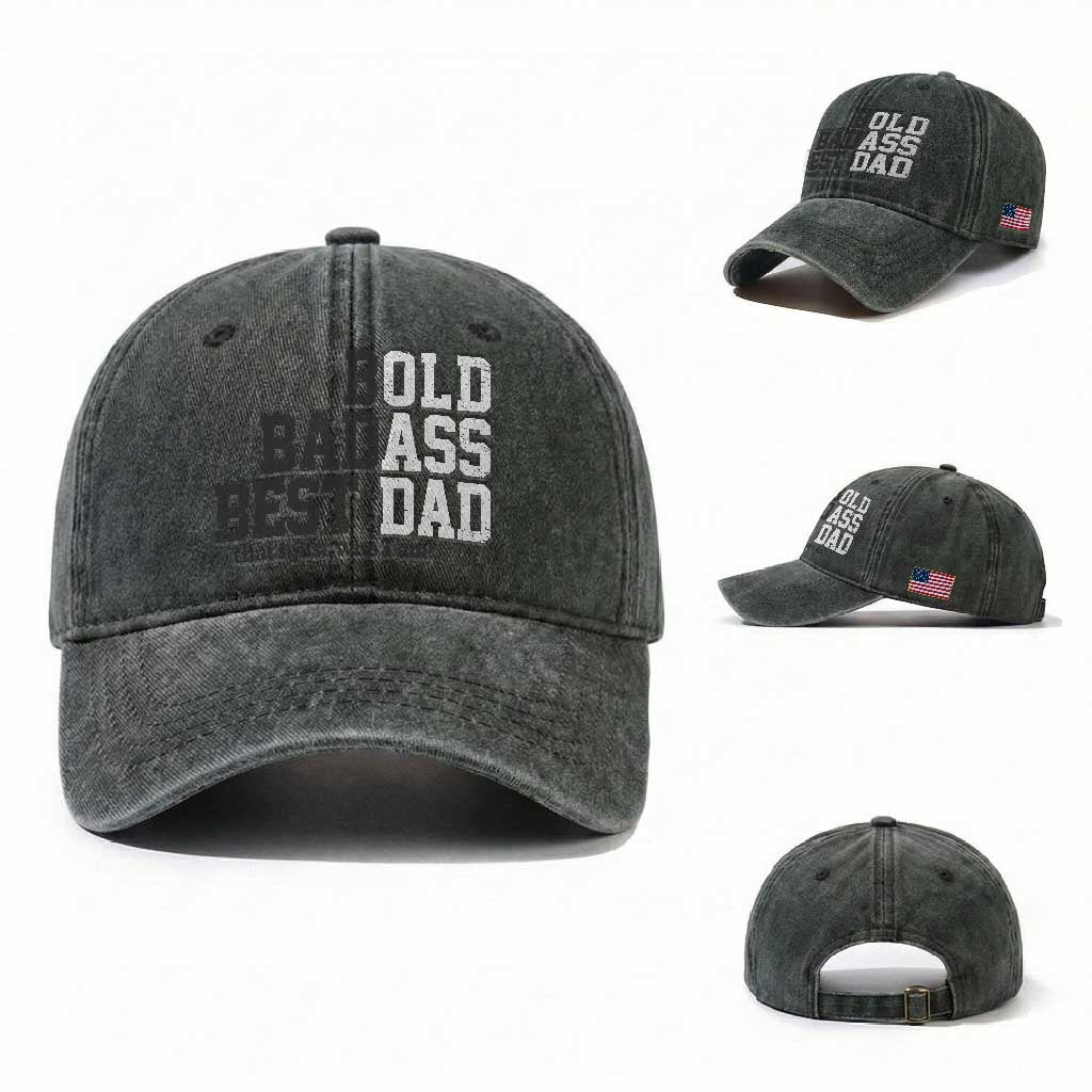 Bold Badass Best Dad Washed Cotton Baseball Cap Funny Old Ass Father Gag Gift TS11 Washed Cap Universal Fit Dark Green Print Your Wear