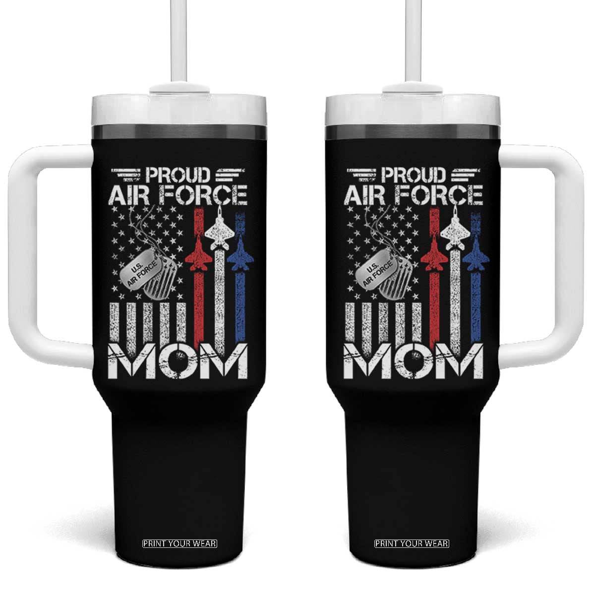 Proud Air Force Mom Tumbler With Handle Military Army Mama Vintage American Flag TS11 One Size: 40 oz Black Print Your Wear