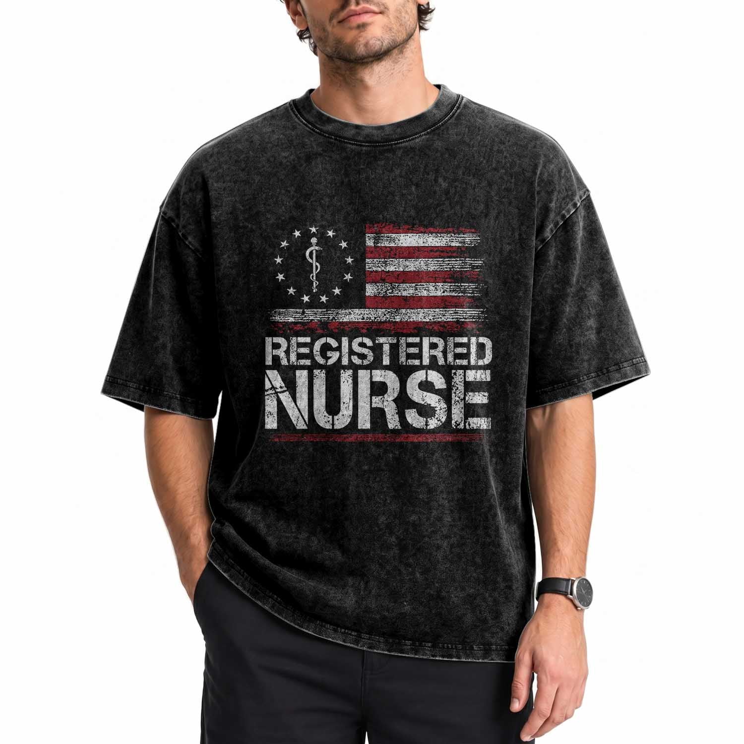 Registered Nurse Washed Cotton T-Shirt Vintage American Flag Healthcare Hospital RN Nursing