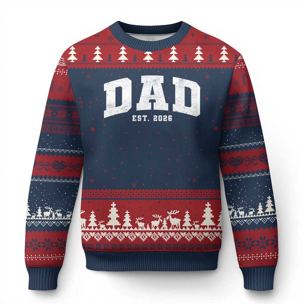 Dad Est 2026 Ugly Christmas Sweater Promoted To Daddy Fathers Day TS11 Navy Red Print Your Wear