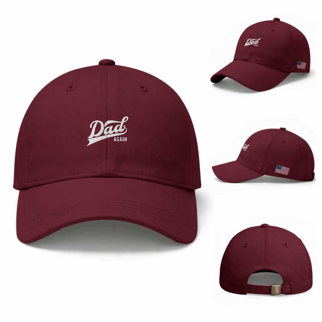 Promoted To Dad Again Baseball Cap Funny Daddy Again Pregnancy Announcement TS11 Baseball Cap Universal Fit Maroon Print Your Wear