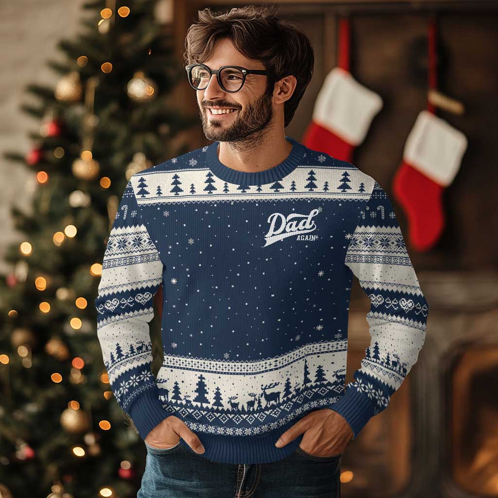 Promoted To Dad Again Ugly Christmas Sweater Funny Daddy Again Pregnancy Announcement TS11 Navy Beige Print Your Wear