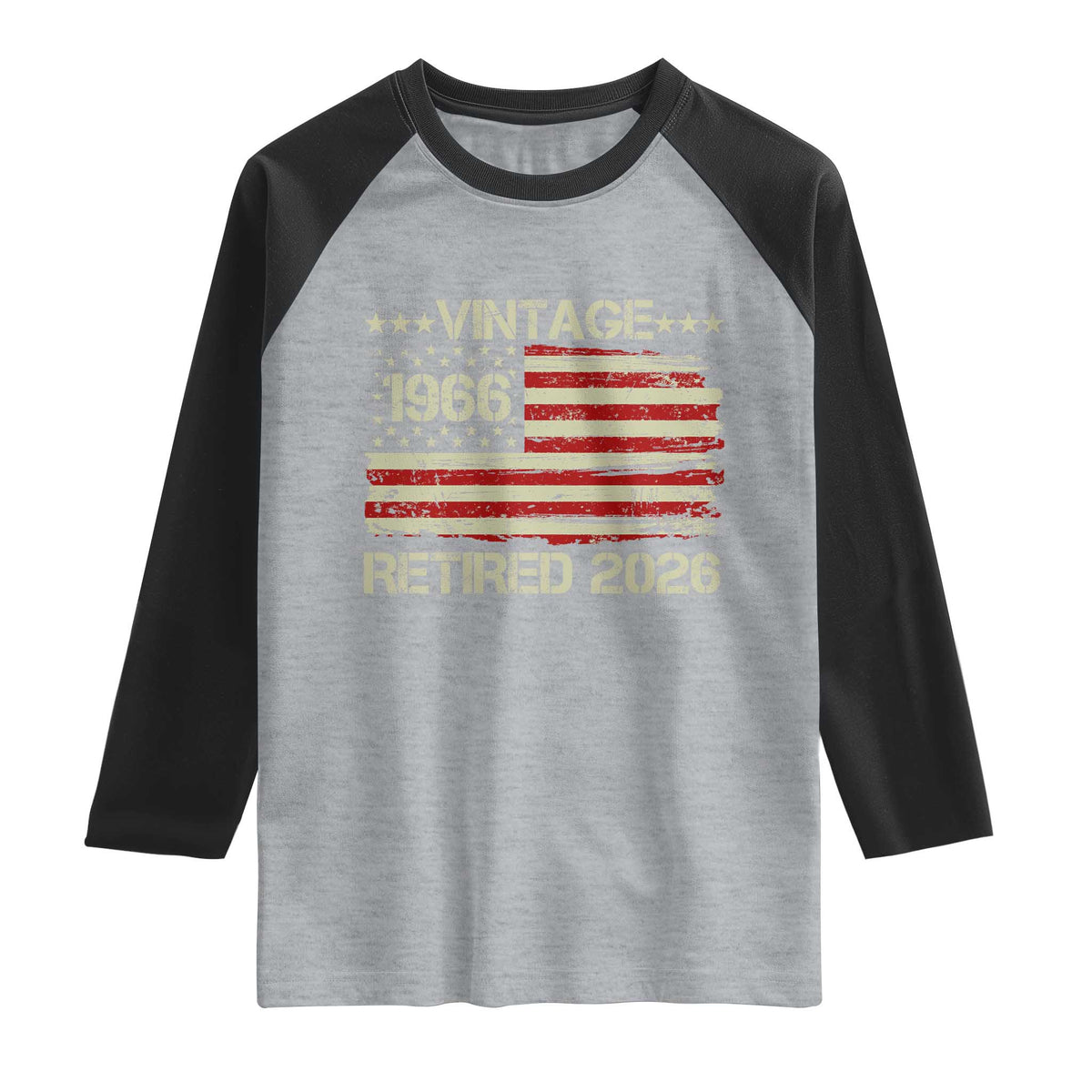 60th Birthday Retirement Raglan Shirt Vintage 1966 Retired 2026 American Flag TS11 Heather Gray Black Print Your Wear
