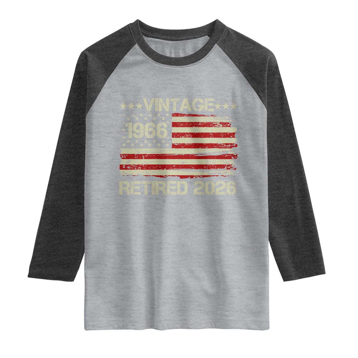 60th Birthday Retirement Raglan Shirt Vintage 1966 Retired 2026 American Flag TS11 Heather Gray Heather Charcoal Print Your Wear