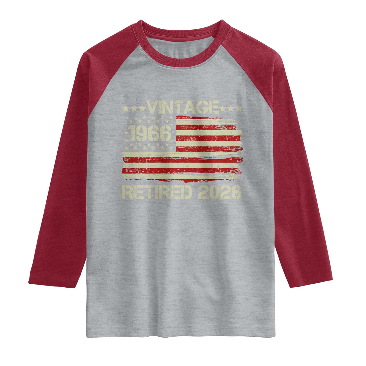 60th Birthday Retirement Raglan Shirt Vintage 1966 Retired 2026 American Flag TS11 Heather Gray Heather Red Print Your Wear