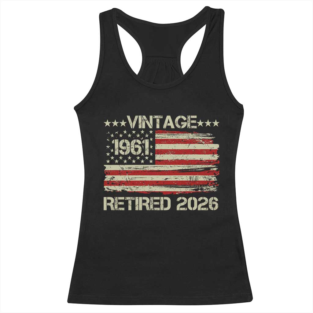 65th Birthday Retirement Racerback Tank Top Vintage 1961 Retired 2026 American Flag TS11 Black Print Your Wear