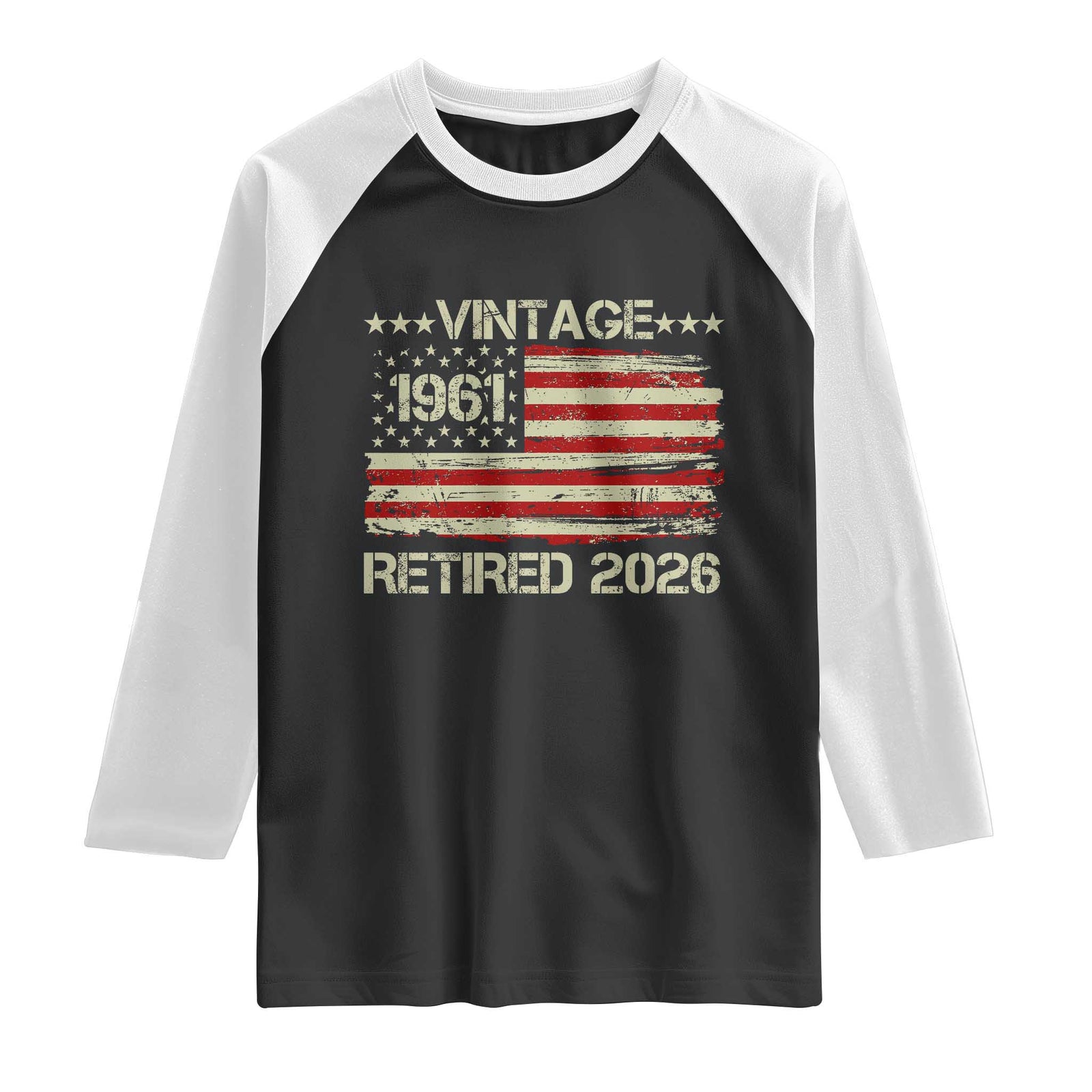 65th Birthday Retirement Raglan Shirt Vintage 1961 Retired 2026 American Flag TS11 Black White Print Your Wear