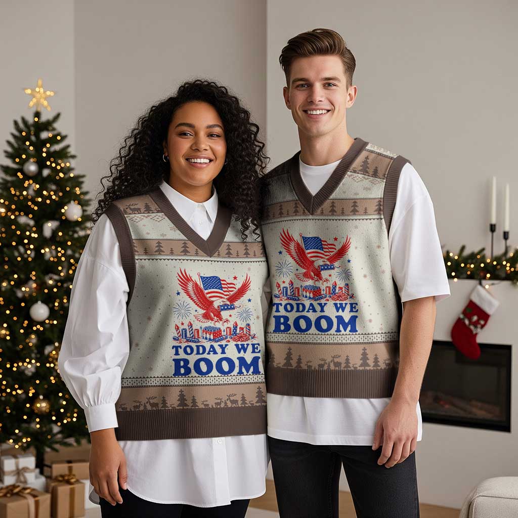 Today We Boom 4th of July Bald Eagle Fireworks V-Neck Knit Sweater Vest TS11 Mocha Mousse Print Your Wear