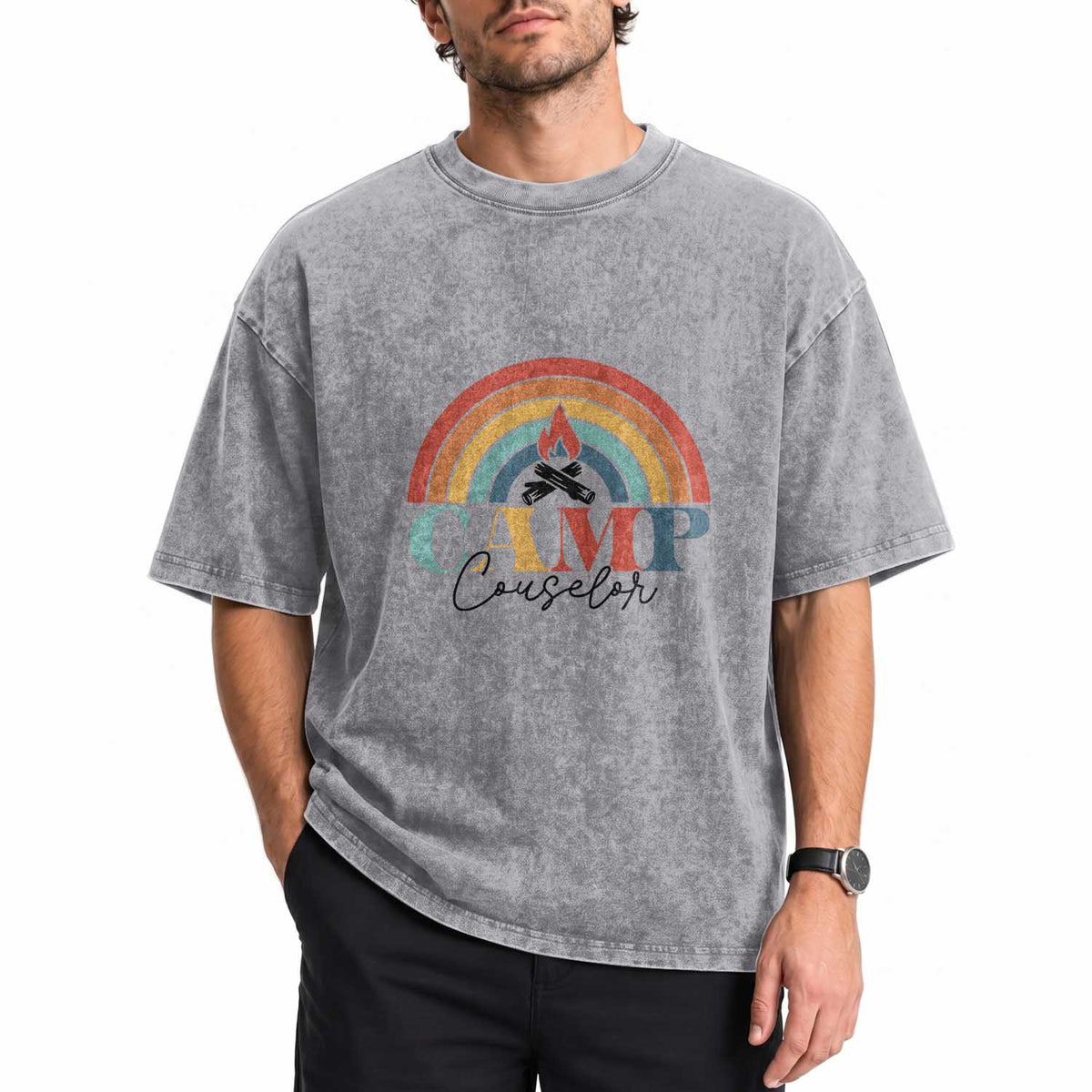 Camp Counselor Washed Cotton T-Shirt Summer Camp Rainbow